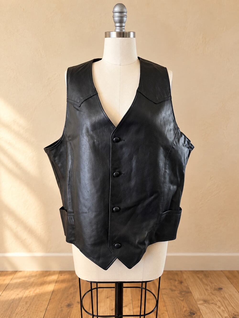 Vintage Pioneer Wear Black Leather Western Cowboy Biker Vest 46L USA Made